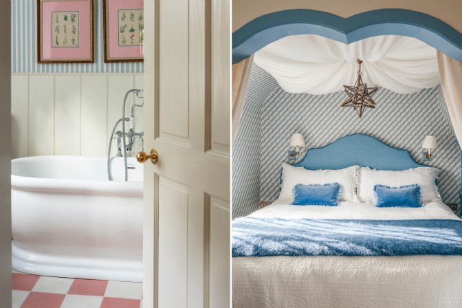 To the left is the bathroom at Charlottes Folly, to the right is the blue bedroom nook