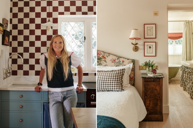 To the right is Emma in the kitchen at Charlottes Folly, to the right is the master bedroom