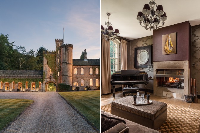 The exterior and living room at Castle Trinity in Yorkshire