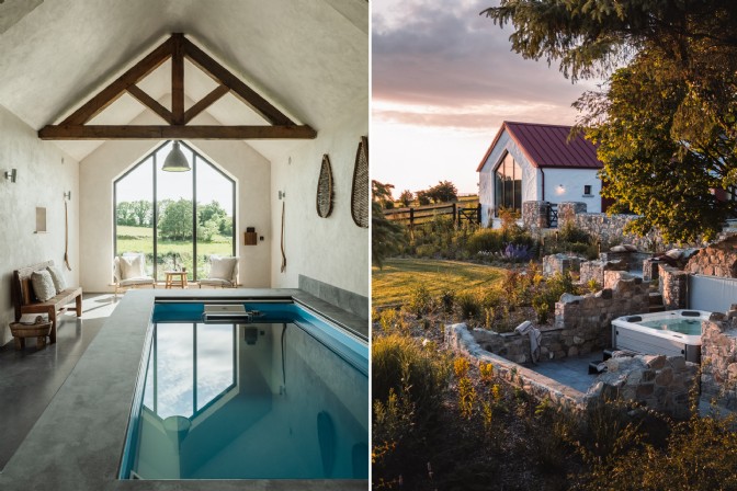 The swimming pool and exterior with hot tub at Drift Farmhouse in Ireland