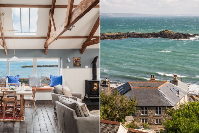 The living room with sea view and house with ocean beyond at The Fish Store in Cornwall