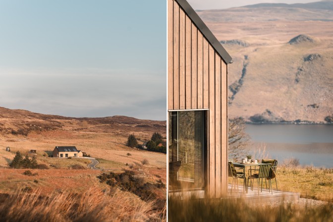 The exterior and view over the loch and mountains at Selkie in Scotland