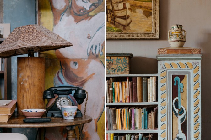 GP4029 - A vintage lamp and telephone in the studio at Charleston and a hand painted bookshelf.