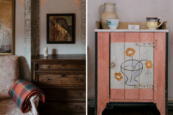 GP4040 - A Bloomsbury portrait and pink hand painted cabinet at Charleston.