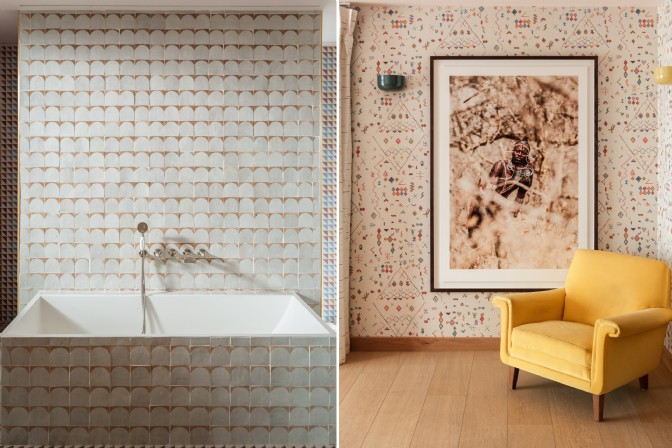 The bathroom and living room at The Ark