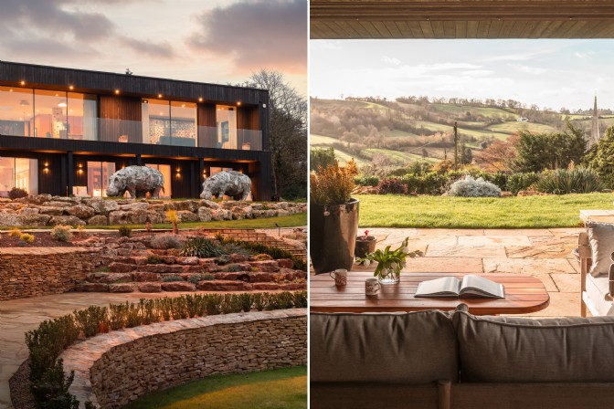 The exterior of The Ark and view of Somerset landscape