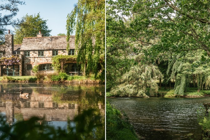 The exterior of Riverstone Mill in Cornwall with surrounding mill ponds