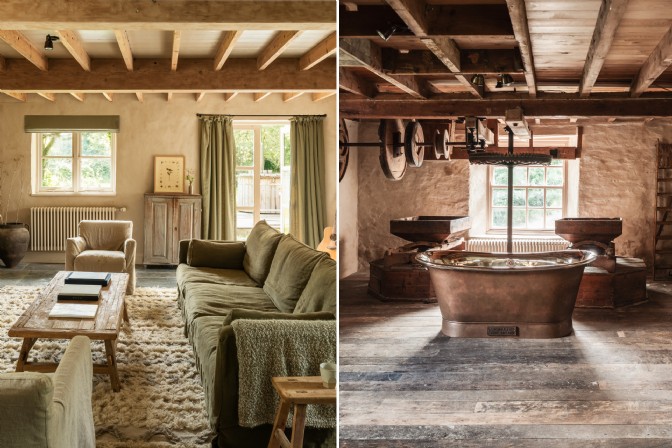 The living room and master bathroom suite with original mill wheels and copper bathtub
