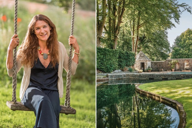 Property owner Kate Lockey and the Victorian pool at The Walled Garden