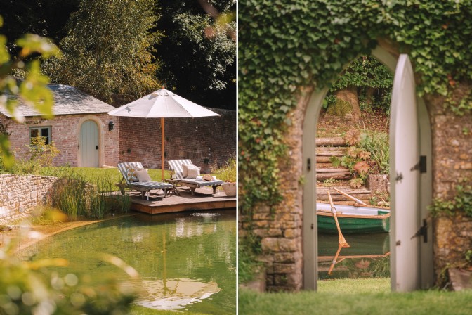 The outdoor swimming pond and gate with pool and rowing boat