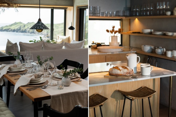 The dining table and kitchen at Ukiyo in Coverack, Cornwall