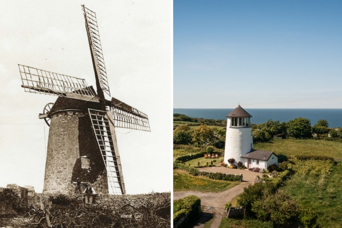 GP4380 - A historic photo of Isla Windmill in Anglesey compared to a modern image.