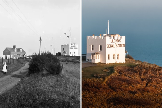 GP4381 - A historic photo of The Signal Station in Cornwall compared to a modern image.