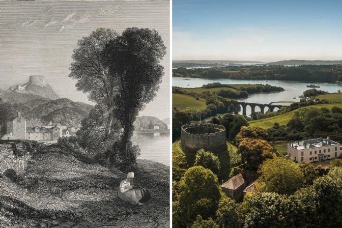 GP4383 - A historic engraving of Castle Trematonia compared to a modern image.