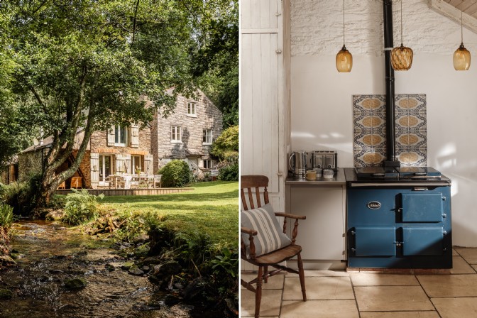The exterior and kitchen with range at Ellesmera Mill, Devon