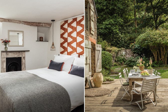 The bedroom and garden terrace at Ellesmera Mill, Devon