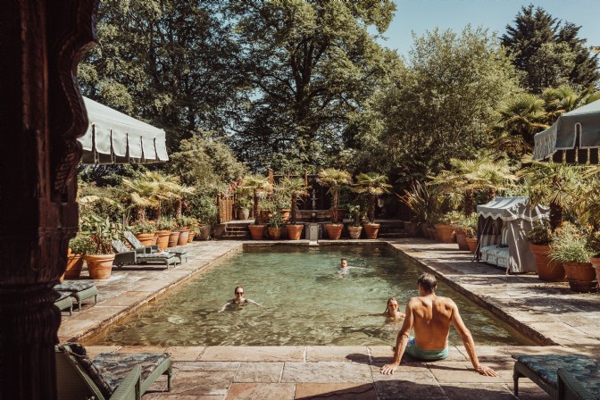 The outdoor swimming pool at Castle Trematonia