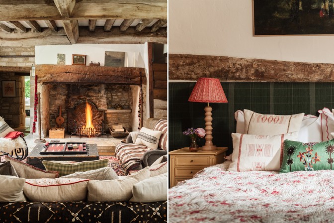 The open fireplace and one of the cosy bedrooms at The Knapp