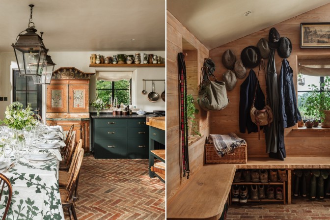 The kitchen and boot room with wellies and hats