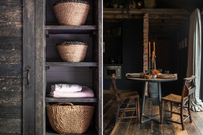 GP2555 - On the left, baskets sit on reclaimed wood shelves; on the right, a small candlelit table for two