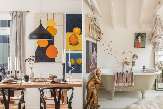 GP2558 - On the left, a dining table with orange artwork; on the right, a bathroom with art and a sculpture
