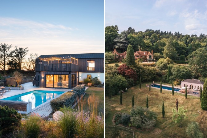 GP2559 - On the left, a garden pool and modern home; on the right, an aerial view of country house with pool