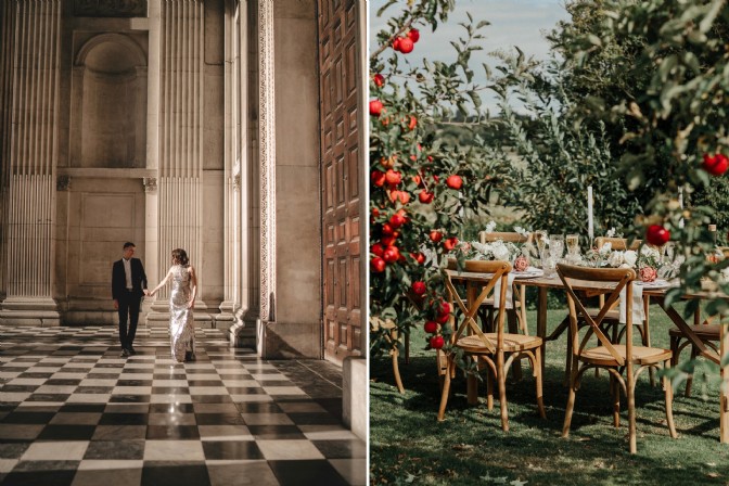 GP2578 - On the left, a bride and groom walking in a chapel hall; on the right, a table in an apple orchard