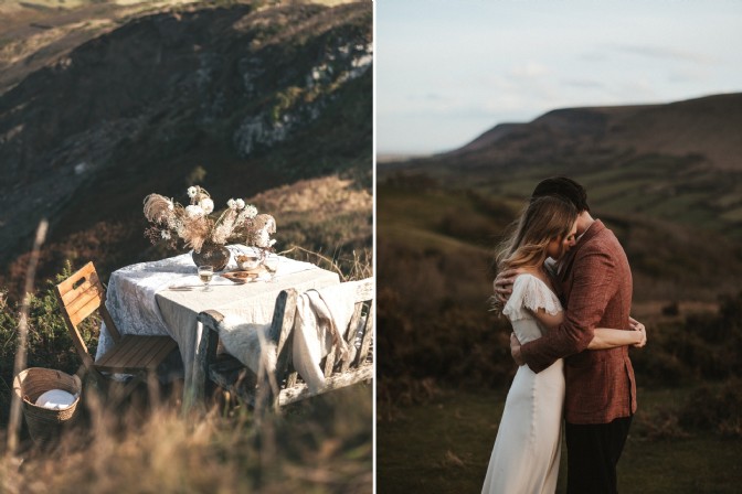 GP2580 - On the left, a romantic table for two in a field; on the right, a couple embrace in a field