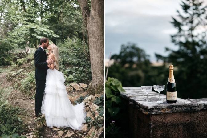 GP2583 - On the left, a bride and groom kiss in the forest; on the right, a bottle of Champagne and coupes