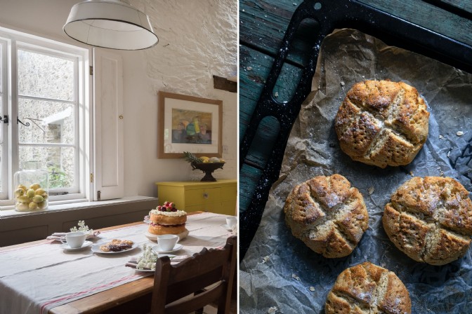 On the left, a table in front of a window with a cake; on the right, homemade scones