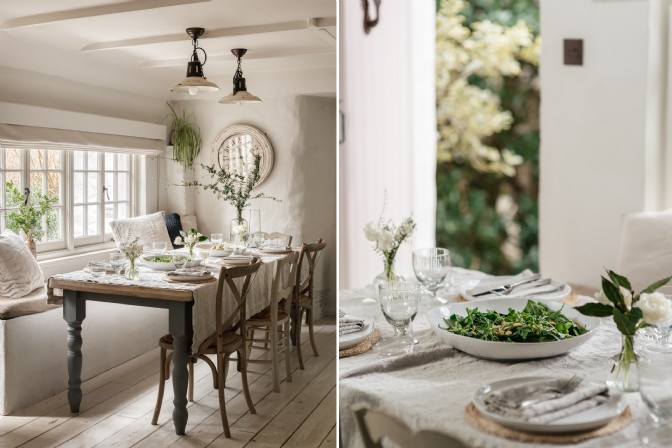 GP2643 - A farmhouse dining table set with linen and White Company earthenware