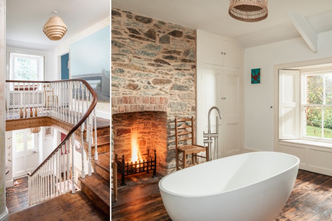 To the left, a Cornish farmhouse kitchen with Aga; to the right, a library room with chaise