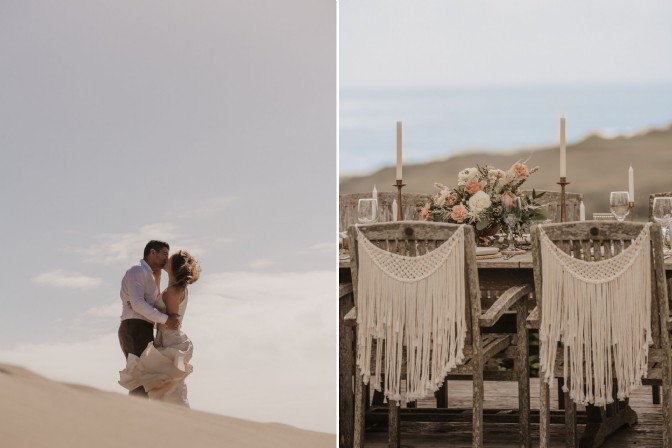 On the left, a bride and groom embrace on sand dunes; on the right, a beach wedding table
