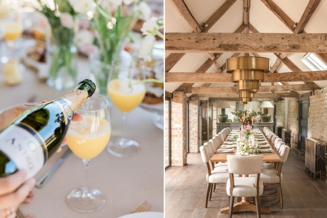 On the left, a someone pours mimosas; on the right, a long table under old beams