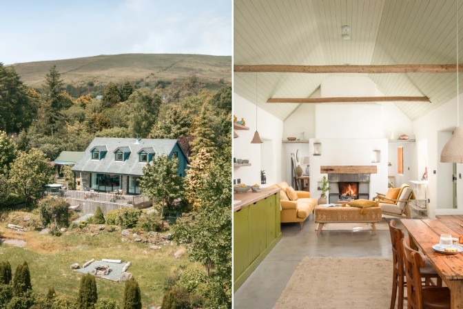 On the left, a modern cottage in rural Ireland; on the right, a whitewashed living space with the side of a green kitchen and a lounge with fire at the back