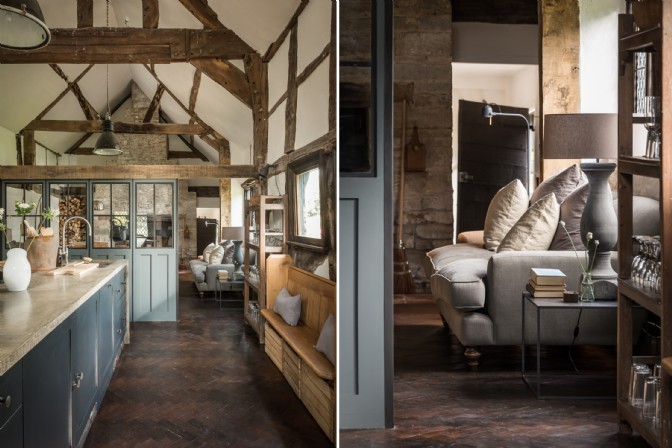On the left, a kitchen with wooden floor and beams; on the right, a plump sofa in moody interior