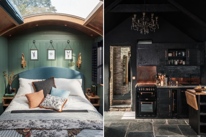 On the left, a bed in a cabin with a glass roof; on the right, a black rustic kitchen