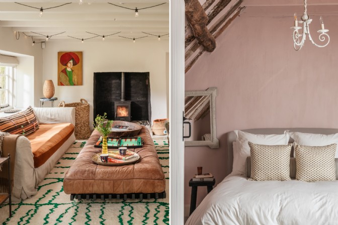 On the left, an artsy living room with a portrait on the wall; on the right, a pink beamed bedroom