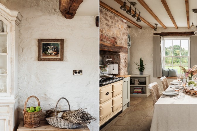 On the left, a whitewashed wall with art and baskets; on the right, a rustic kitchen with beams