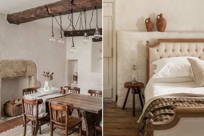 On the left, a dining table against whitewashed wall; on the right, a luxury bed in a modern cottage