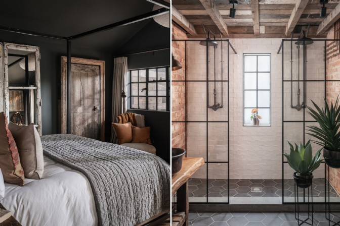 On the left, a four poster bed in a dark room; on the right, a Crittall double shower