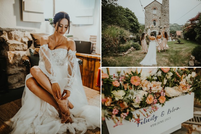 A collage of three images, including a bride fastening her shoe, a bridal party in front of a stone tower, and floral arrangements