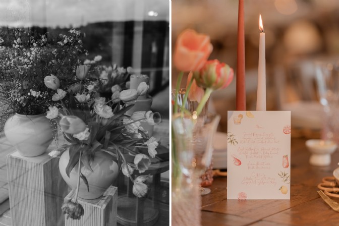 On the left, two vases with floral arrangements; on the right, a menu and taper candles