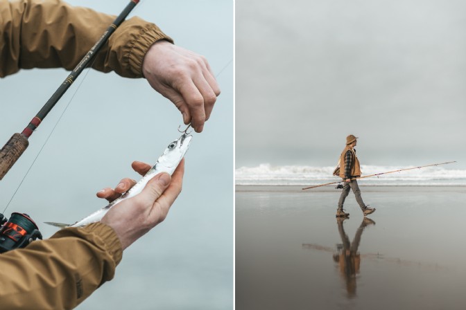 On the left, a fisherman holds his catch; on the right, a fisherman walks on a foggy beach