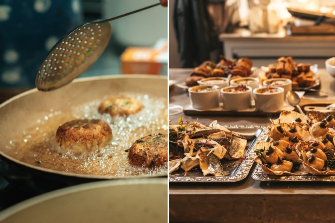 On the left, scallops frying in a pan; on the right, a selection of small seafood dishes