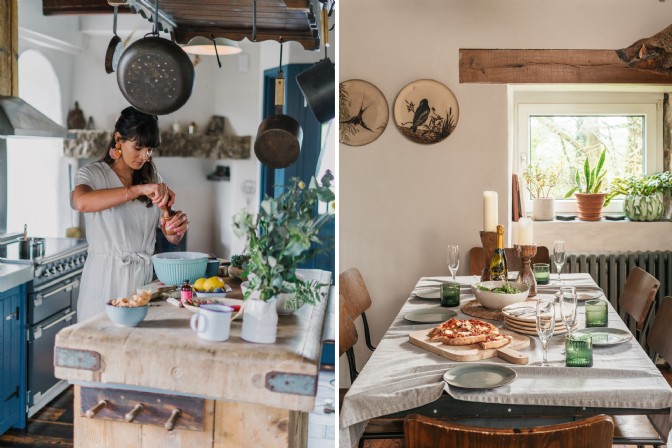On the left, a woman prepares a meal in the kitchen; on the right, a table set for dinner