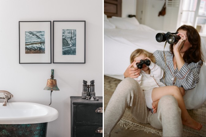 On the left, the end of a bathtub with artworks; on the right, a mother and daughter with binoculars
