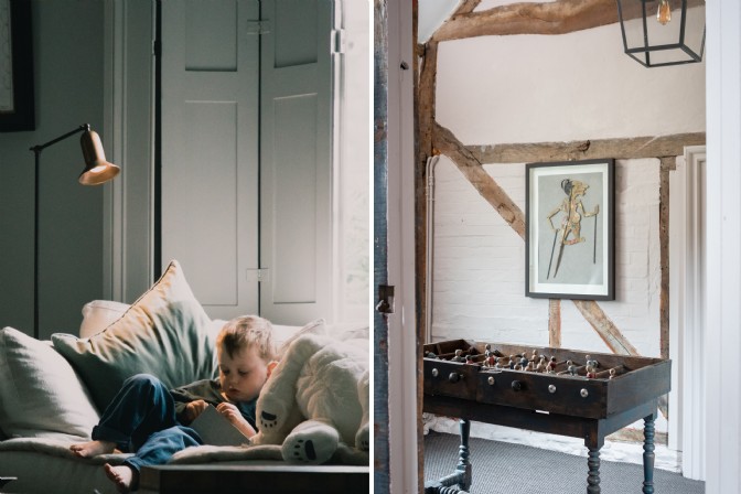 On the left, a little boy with a book on a sofa; on the right, a vintage football table