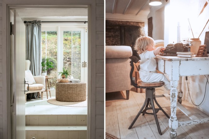 On the left, a cosy lounge through a doorway; on the right, a toddler sits at a typewriter desk