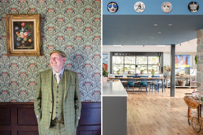 On the left, a man wearing a tweed suit stands in front of wallpaper; on the right, a modern kitchen